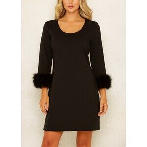 Calvin Klein CD1P9TJ4 Black Stretch Ponte Fur Cuffed Sheath Dres SZ 10 Spandex
